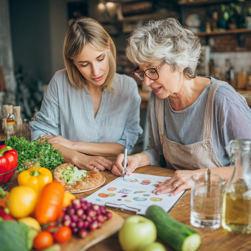 Smiling middle-aged Ukrainian woman in kitchen preparing fresh vegetables and healthy meal ingredients on wooden cutting board